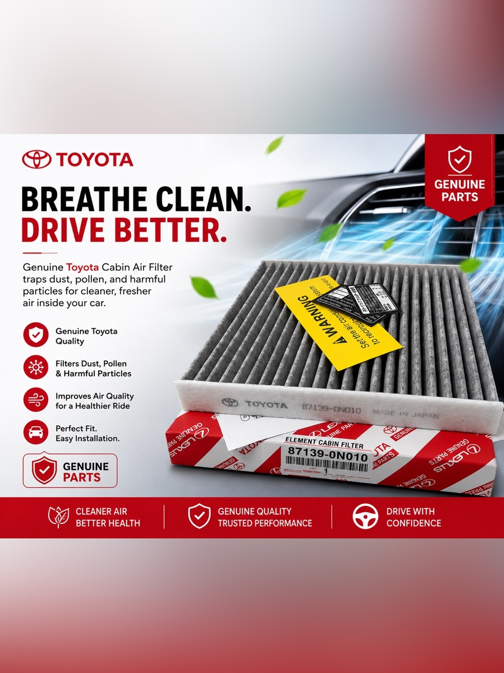 Toyota/ Lexus Cabin Air Filter – OEM 87139-0N010- activated carbon